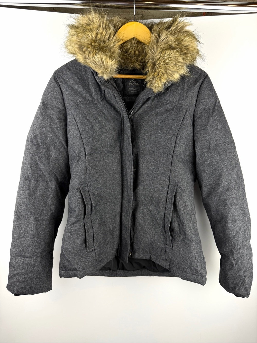 Faux Fur Hood Puffer Coat Grey Prana Winter Parka Zip Up Sz L